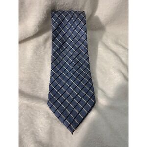 Mens Designer Blue Grid Pattern Silk Tie Handmade in Italy